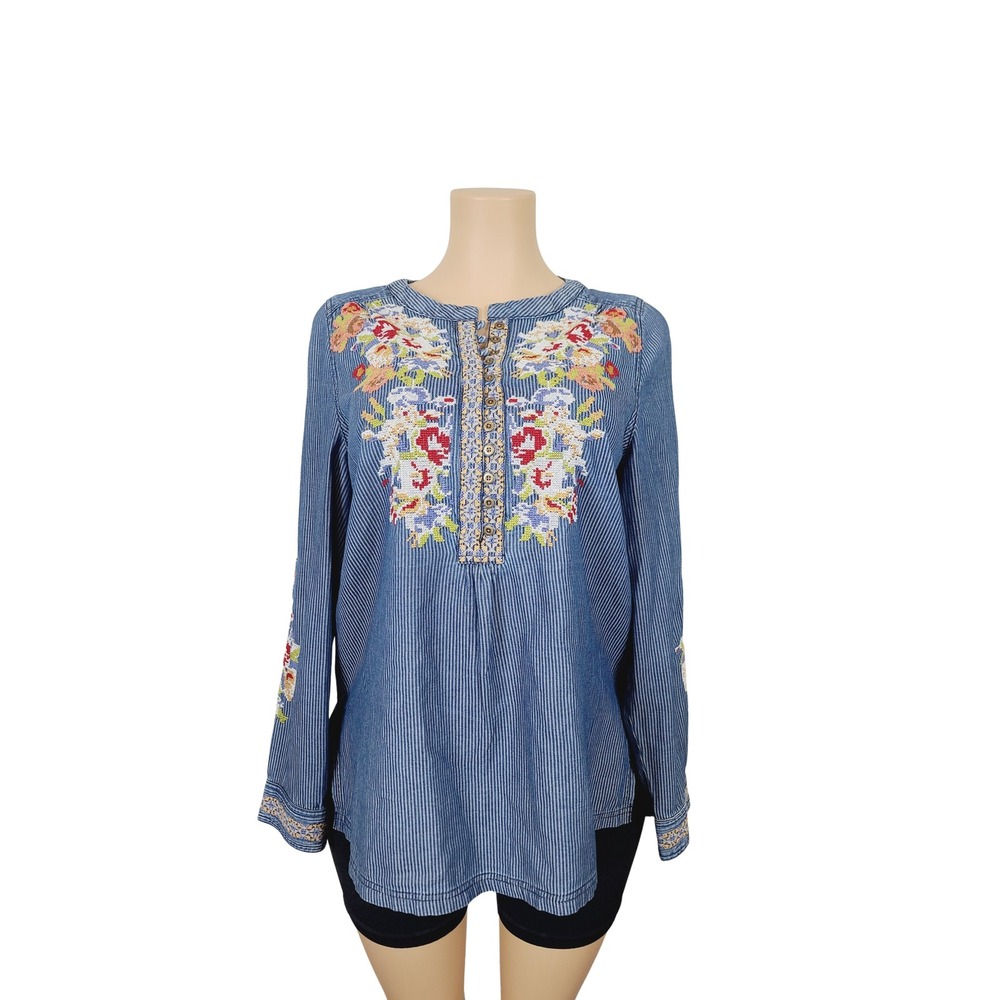 Sundance Boho Embroidered Button-down Striped Top, Women's, Size M Blue